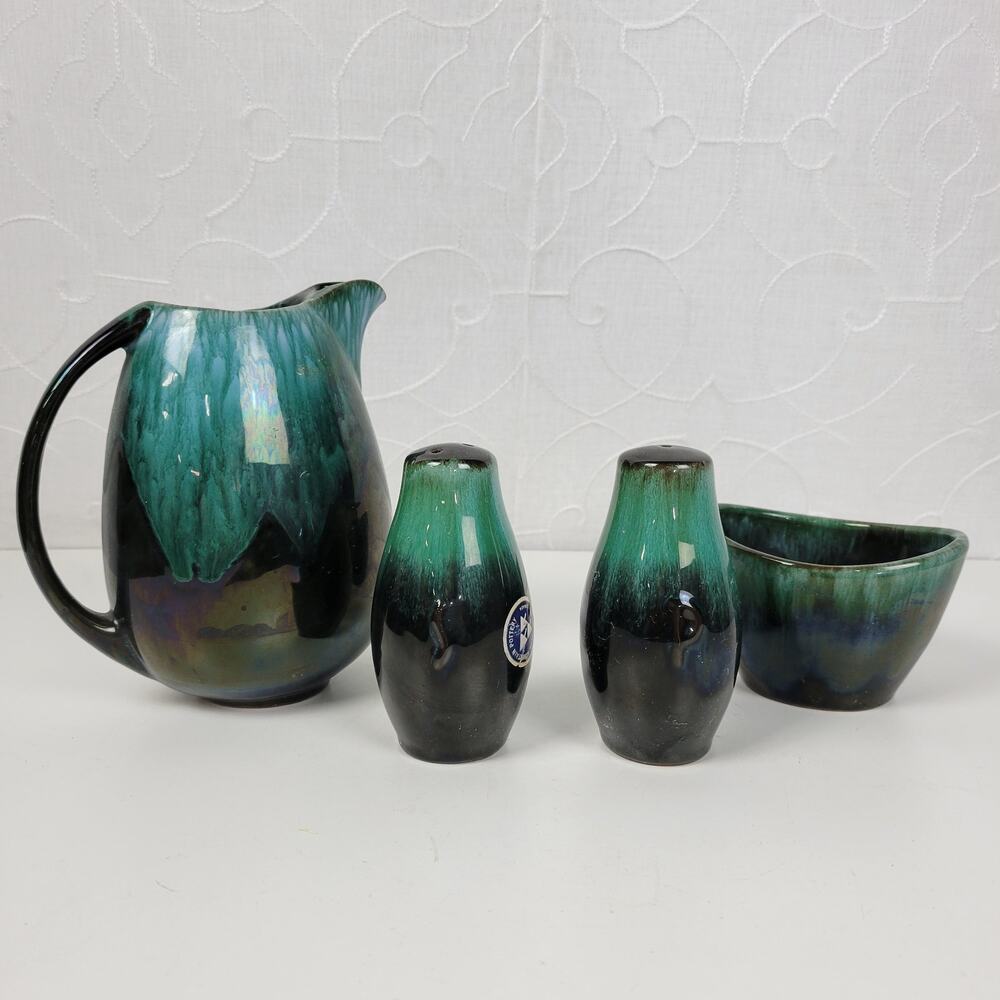 Vintage Blue Mountain Pottery Table Set Green Drip Glaze Ceramic Set of 4 - Picture 9 of 16